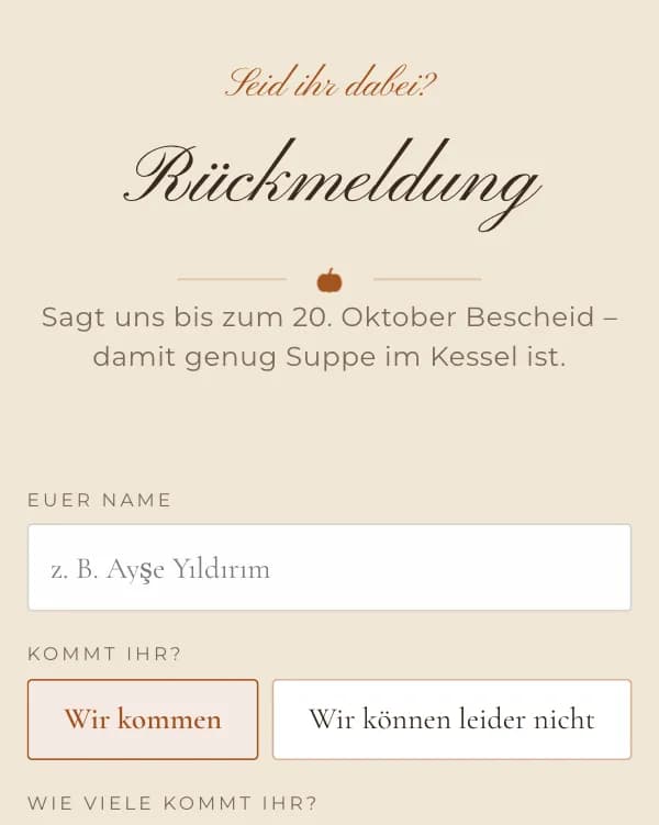 Goldener Kürbis: das Formular, mit dem Gäste zusagen oder absagen