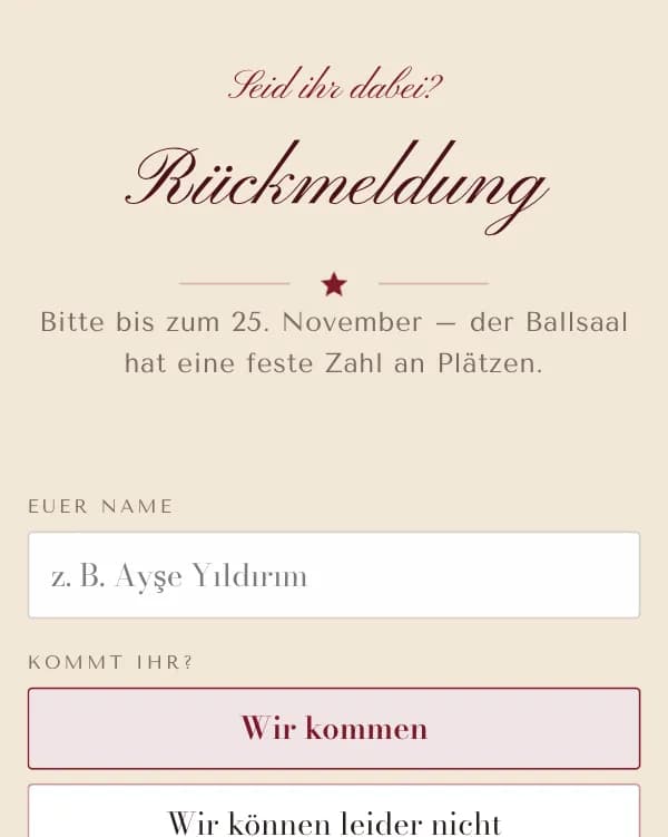 Nussknacker: das Formular, mit dem Gäste zusagen oder absagen