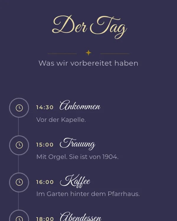 Rein: der Tag der Hochzeit, wann was stattfindet