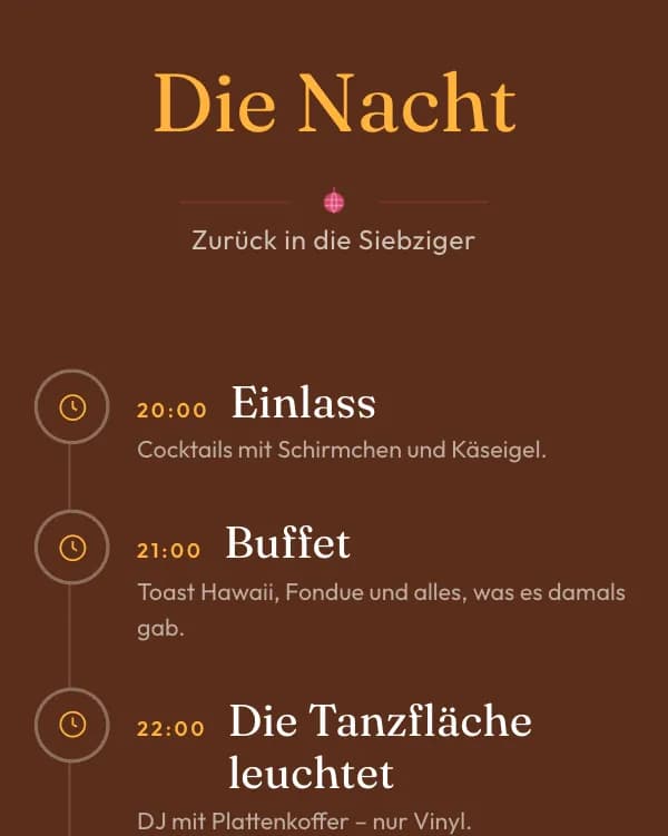 Disco Sechzig: der Ablauf der Feier, wann was stattfindet