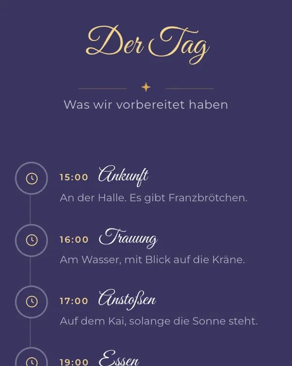 Fernweh: der Tag der Hochzeit, wann was stattfindet
