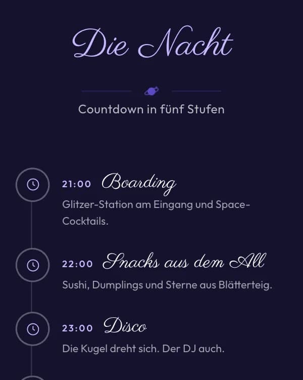 Disco-Galaxie: der Ablauf der Feier, wann was stattfindet