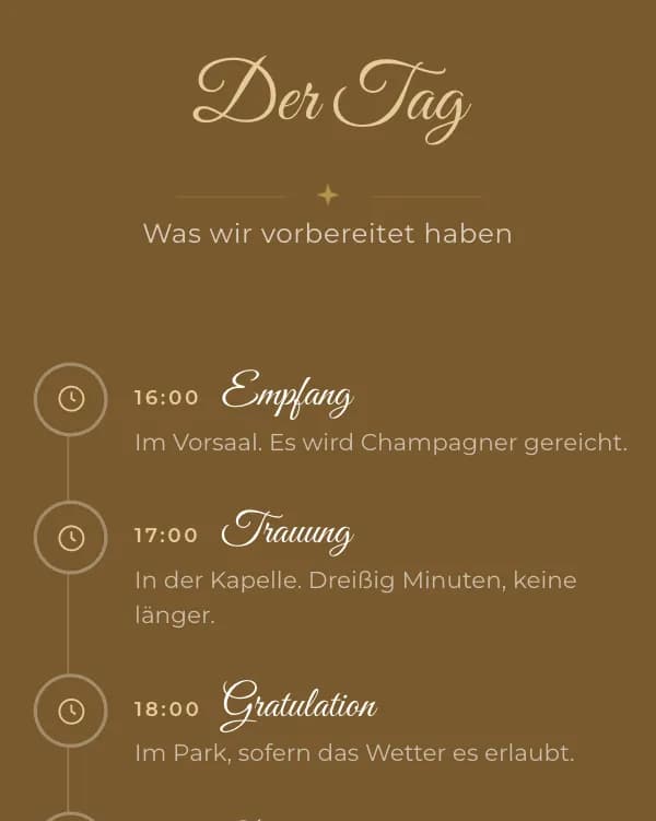 Goldstunde: der Tag der Hochzeit, wann was stattfindet