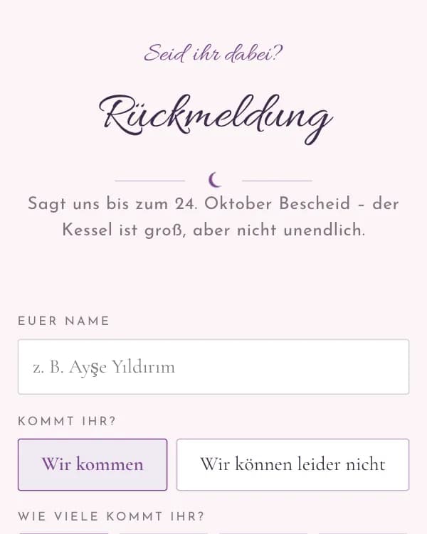 Hexenzirkel: das Formular, mit dem Gäste zusagen oder absagen