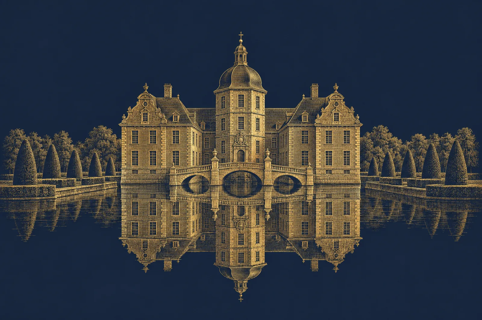 Goldstich von Schloss Hohenrode, das sich im Wassergraben spiegelt