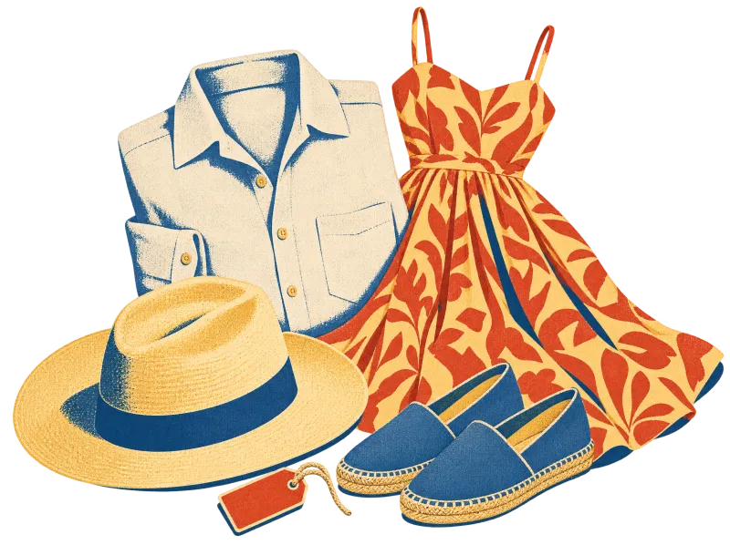 Reiseplakat-Stil: Leinenhemd, Sommerkleid, Panamahut und Espadrilles mit Kofferanhänger