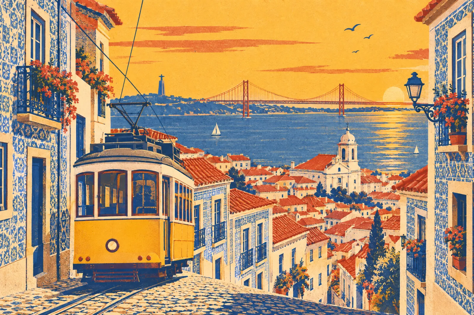 Reiseplakat von Lissabon: gelbe Straßenbahn in der Alfama, Kacheln, Dächer und die Brücke über den Tejo