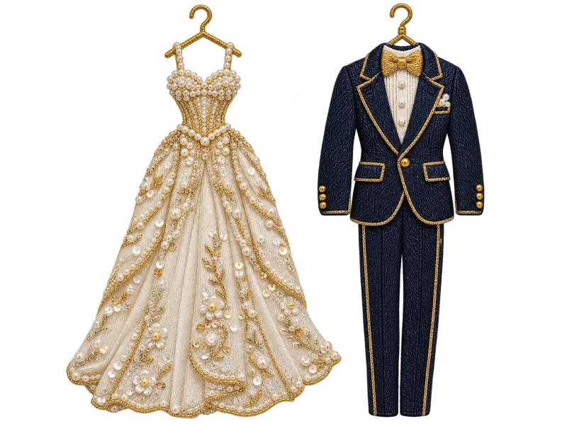 Perlenstickerei: ein Abendkleid mit Perlenmieder und ein dunkelblauer Smoking auf goldenen Bügeln