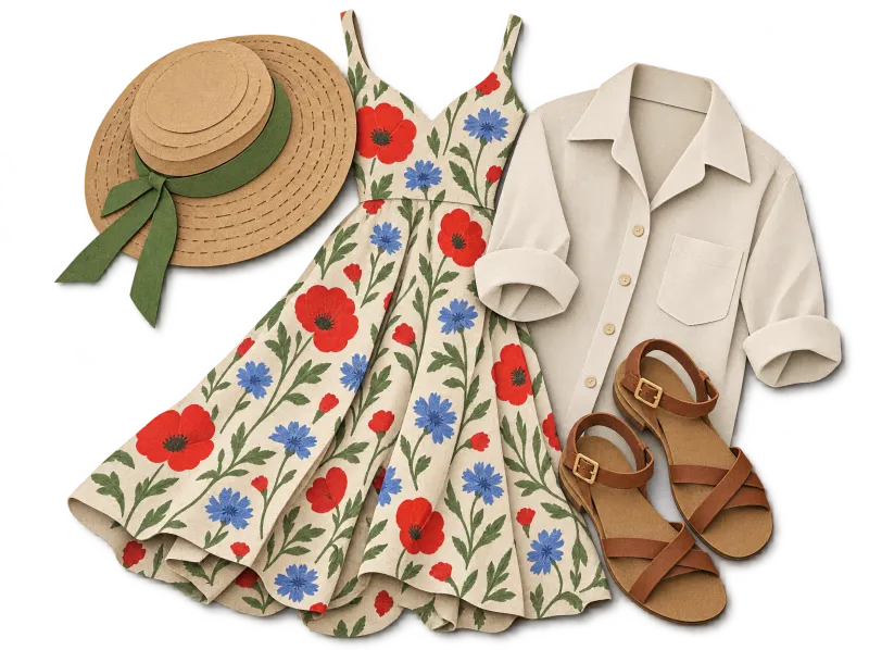 Papierschnitt: Strohhut, geblümtes Leinenkleid, Hemd mit hochgekrempelten Ärmeln und Ledersandalen