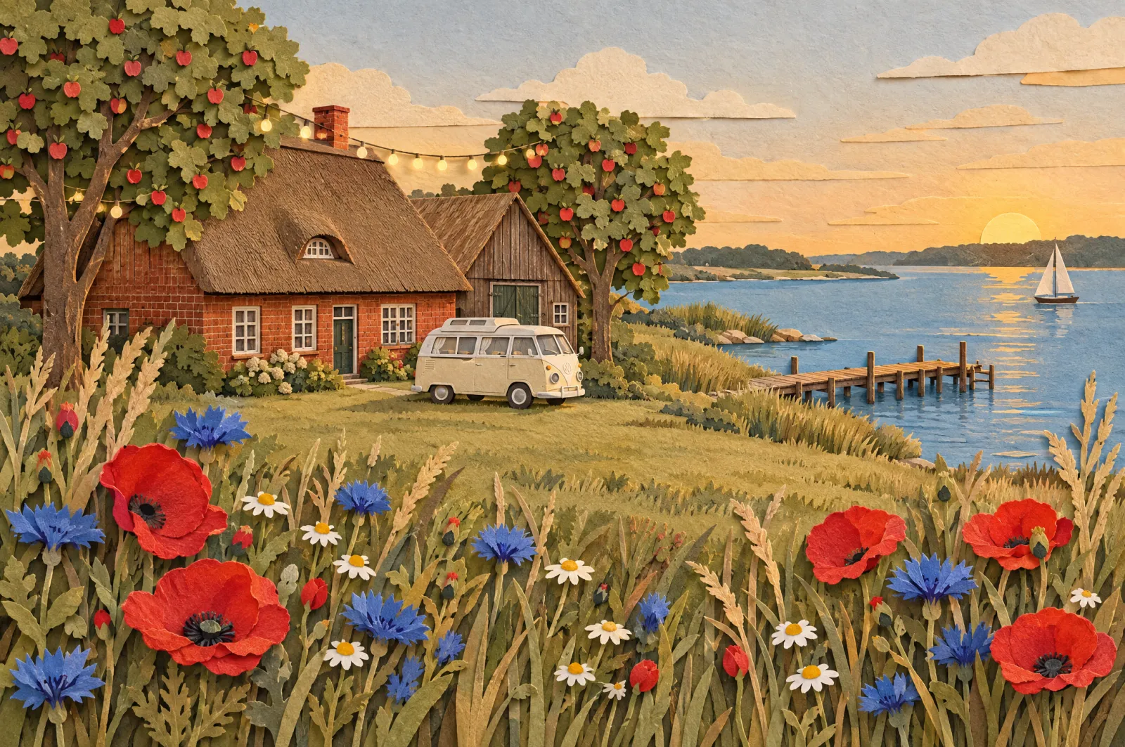 Papierschnitt von Gut Sonnenwiese: Reetdachhaus, Bulli, Steg in die Schlei und Mohn im Vordergrund