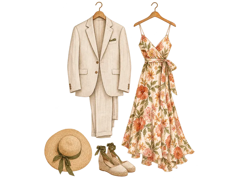 Aquarell: ein heller Leinenanzug und ein geblümtes Seidenkleid auf Holzbügeln, darunter Strohhut und Espadrilles