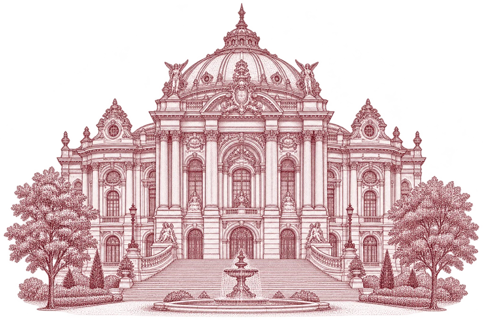 Kupferstich des Opernpalais Rosenhain mit Kuppel, Säulen und Freitreppe